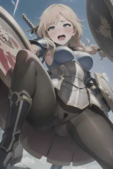 ((round ecstasy face, stylized beautiful anime movie image)), drooping eyes, shame smiling, blush),female fighter, small breasts, (armor), shame, blush, (dark pantyhose with pubic hair), (thick sword, huge shield), high boots, (closeup her crotch), short b...