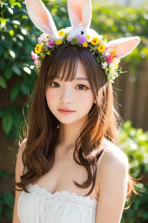 there is a small Rabbit with a corolla on its head,  orange halo around her head , the corolla,  Beautiful and Cute , Flower , corollaをかぶる,   cute and cute , corolla,  She's Wearing a Crown of Flowers , Cute and lovely, bunny ears, she wears a crown of dri...