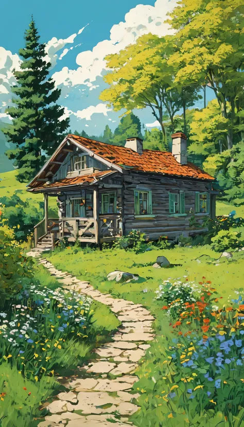 (Minimalism: 1.4), rich details draw simple art in the style of Tintin,a*
*"A digital illustration of a rustic cabin in a vibrant natural landscape, with a style similar to Tintin art!!!!. The cabin has a roof of aged red tiles with irregular texture and...