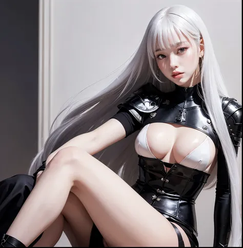 medieval sword, sweet face: 1.2,  full lips : 1.7,  slender legs: 1.7,  medieval armor: 2.2,  neckline : 1.2,  Long hair, white hair, smooth and black: 2.0,  extremely short bangs: 2.2, 4K Ultra H ,  silver armor, gótica, sola, medieval sword, little breas...