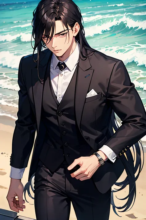  muscular man,  long black hair ,  wearing a black suit, elegant, Are you on a beach , sharp eyes