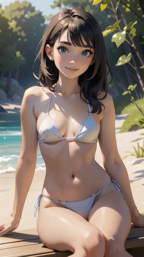 (masterpiece, best quality, highres:1.5), 1 girl, solo, at the beach, bikini, sitting, ((light smile))
