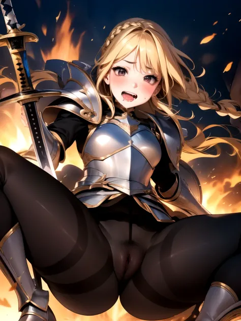 round ecstasy face, drooping eyes, shame smiling, blush),female fighter, (thick armor with gold border), shame, blush, small breasts, (dark pantyhose with pubic, clitoris), muscular thin thighs, (thick sword, huge shield), high boots, focus on her crotch, ...