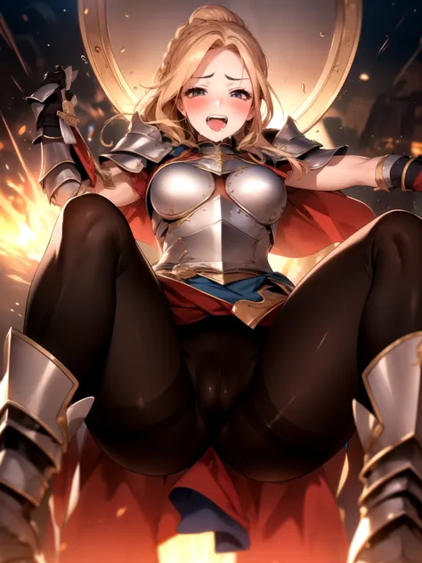 round ecstasy face, drooping eyes, shame smiling, blush),female fighter, (thick armor with gold border), shame, blush, small breasts, (dark pantyhose with pubic, clitoris), muscular thin thighs, (thick sword, huge shield), high boots, focus on her crotch, ...