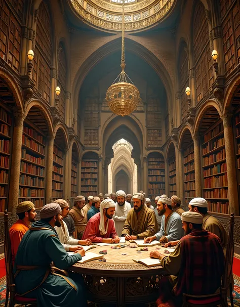 **Prompt:** Create a hyper-realistic, wide-angle image centered in a medieval Islamic library, showcasing a group of intricately detailed Arabic thinkers engrossed in their reading and discussion. All participants should be depicted wearing traditional ...