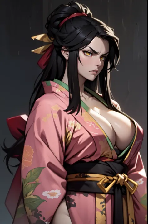 1girl black hair yellow eyes very long hair pale skin angry bodybuilder huge breasts muscular toned body ((kimono))