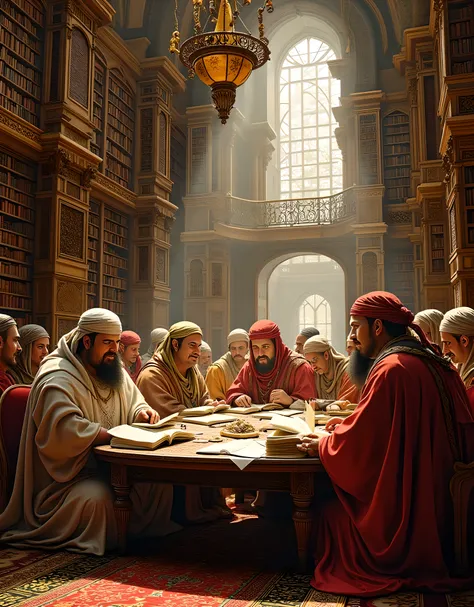 **Prompt:** Create a hyper-realistic, wide-angle image centered in a medieval Islamic library, showcasing a group of intricately detailed Arabic thinkers engrossed in their reading and discussion. All participants should be depicted wearing traditional ...
