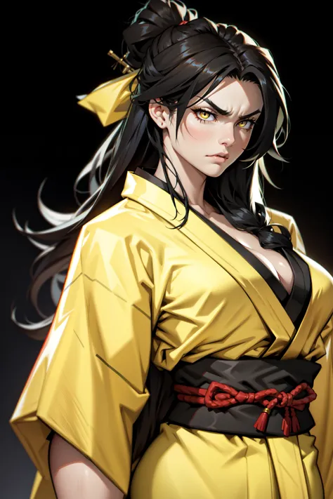 1girl black hair yellow eyes very long hair pale skin angry bodybuilder huge breasts muscular toned body ((kimono))