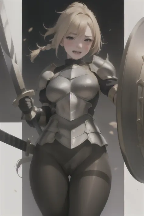 ((round ecstasy face)), drooping eyes, shame smiling, blush),female fighter, (thick armor with gold border), shame, blush, small breasts, (dark pantyhose with pubic, clitoris), muscular thin thighs, (thick sword, huge shield), high boots, focus on her crot...