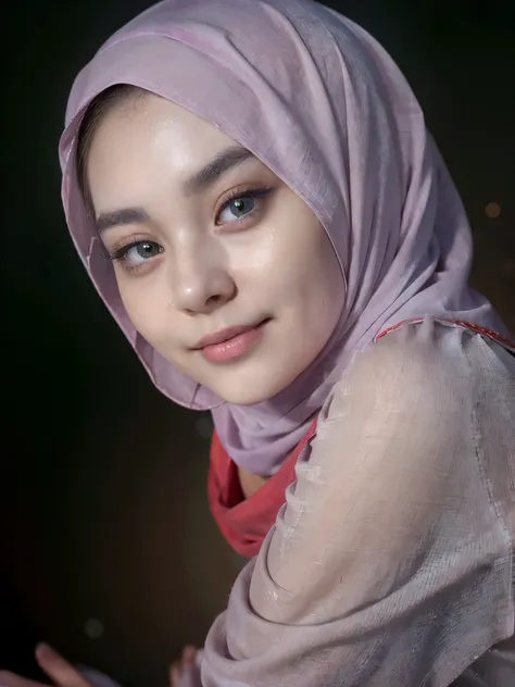 top-quality close-up portrait,((Beautiful chinese girl, wearing pashmina hijab with red shirt, long sleeve, cotton material):1.5),Bewitching face, ((idols likeness):1.2), ((beautiful detailed eyes, round eyes, greeney eyes color, beautiful detailed lips, s...