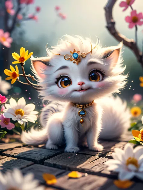 Mystical garden where white jasmine grows, best angle of a Very cute mythical graceful transparent anthropomorphic furry creature holds jasmine flower, thin arms, fragile thread legs, jasmine flower spirit, grainy, noisy, in a professional photograph by A...