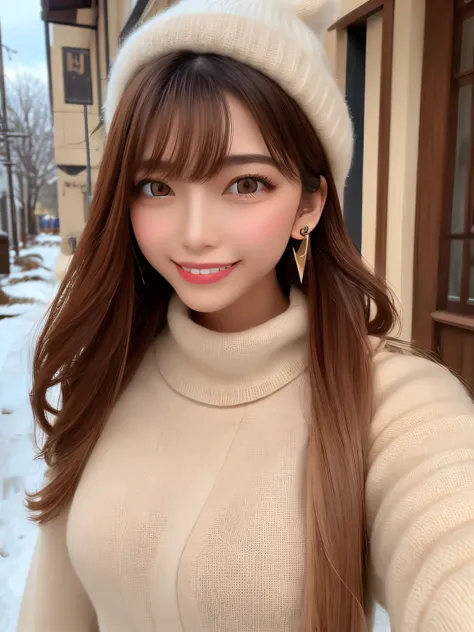 Midwinter outdoor,Snowy Outdoors 、long coat with fur, bimbo lips  ,Knee High Boots, thigh high stockings ,   knitted sweater ,   knitted hat ,medium bust、earrings、
Highest quality, very well detailed, masterpiece, Absard Dress,8k,   photorealistic, realist...