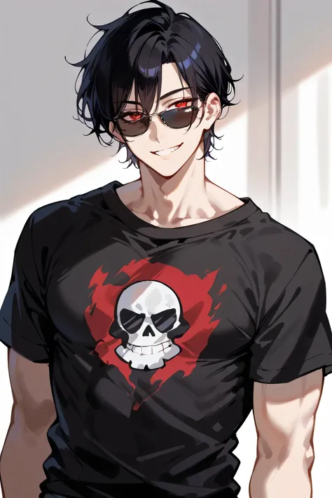 ((Masterpiece, super high resolution, highly detailed, 8k)), ((Sexy guy: 1.5)), about 20 years old, black hair, handsome, ((wears black t-shirt, short sleeves, smiles and looks seductively mischievous at the viewer: 1.2)), red eyes, toned body, sunglasses(...