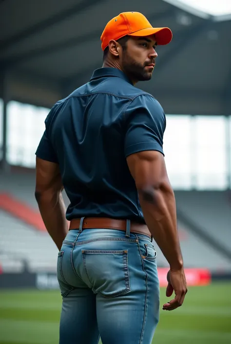  Realistic photograph , 30-year-old muscular (((athletic man))) , , View from below, in profile, dark blue formal Oxford shirt and very tight light faded blue jeans, brown belt, in profile, Big butt, viendo a cámara,  black eyes,, at the stadium, sexy man,...