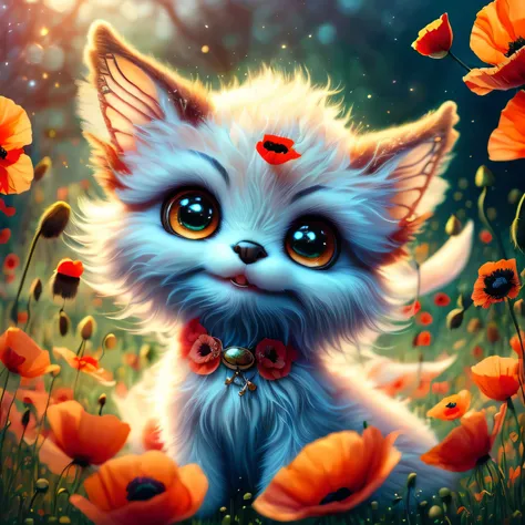 whimsical airbrush and oil painting, best angle of a Very cute mythical graceful transparent anthropomorphic furry creature spirit holds poppy, thin arms, fragile thread legs, poppy spirit, Mystical field where poppy grows in a professional photograph by A...