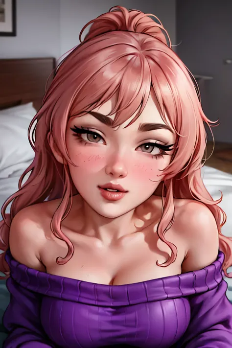 A sexy and seductive baddie with long wavy hair, seductive half-lidded eyes with a lot of kohl eyeliner and mascara, perfect sculpted eyebrows tilted, rosy cheeks, red glossy lips parted seductively in a satisfied smile, wearing just an oversized pink swea...