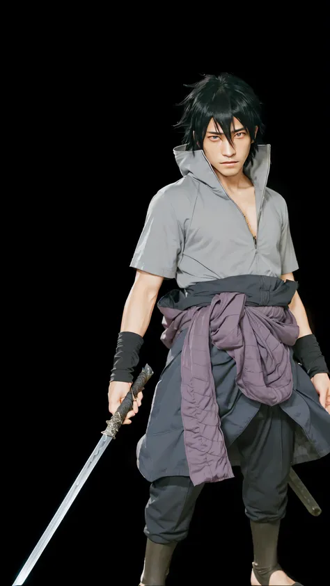 a anime image of a man with a sword in his hand, sasuke uchiha. Transform this anime character into a hyper-realistic portrait set in a dark forest at night (blur). Keep the character’s facial features sharp and flat, but replace the eyes with a deep red e...