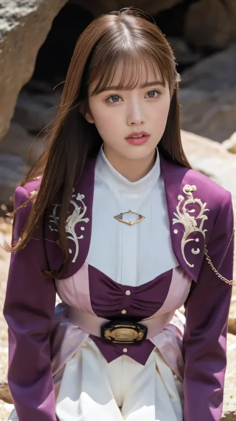 ( High-definition CG),( Highest quality ),((Viewpoint from directly above)),(( Composition showing the top from the waist)),(( in a dark cave)),(( 1girl )), perfect face, shiny skin , wide hips , thin waist, purple bolero jacket,((white skirt)), Long Sleev...