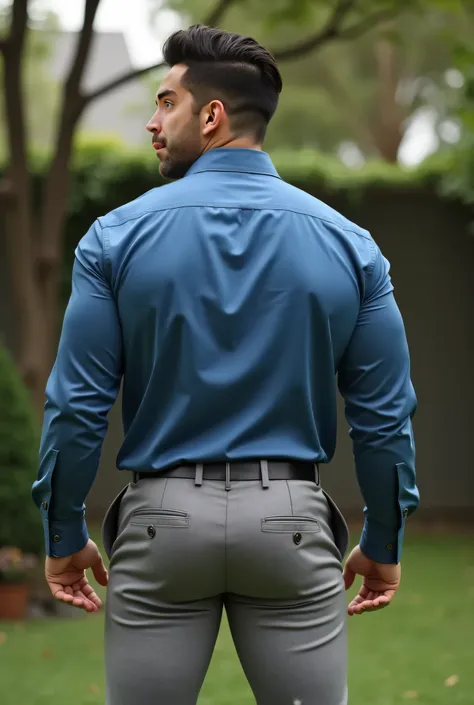  Realistic photograph , 35-year-old muscular (((athletic man))) , , view From below, nalgon in profile, stripe blue formal shirt and very tight light gray trousers, brown belt, in profile, Big butt, viendo a cámara,  black eyes, in the yard, sexy man, very...