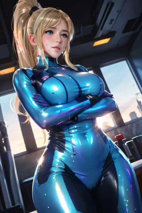 perfect anatomy　Highest quality,highest resolution,((( shiny blue bodysuit 　 blue eyes　Shiny Blonde　dark blond pubic hair　ponytail　sweat)))　Samus