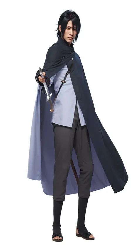 a close up of a person in a cape with a sword, sasuke uchiha. Transform this men anime character into a hyper-realistic portrayal of Sasuke Uchiha holding a sword. Create photorealistic skin texture, detailed facial features while maintaining his character...