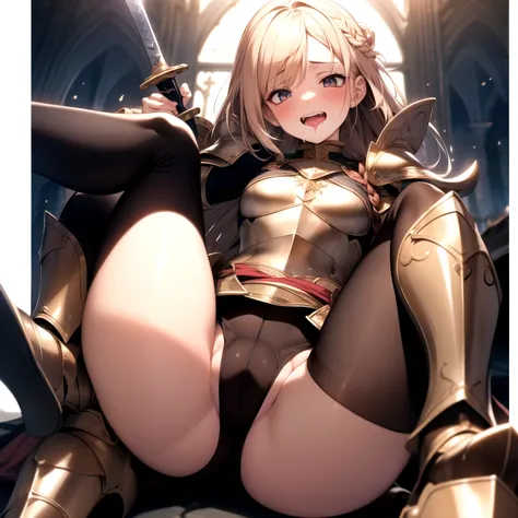 round ecstasy face, drooping eyes, shame smiling, blush),female fighter, (thick armor with gold border), shame, blush, small breasts, (dark pantyhose with pubic, clitoris), muscular thin thighs, (thick sword, huge shield), high boots, focus on her crotch, ...