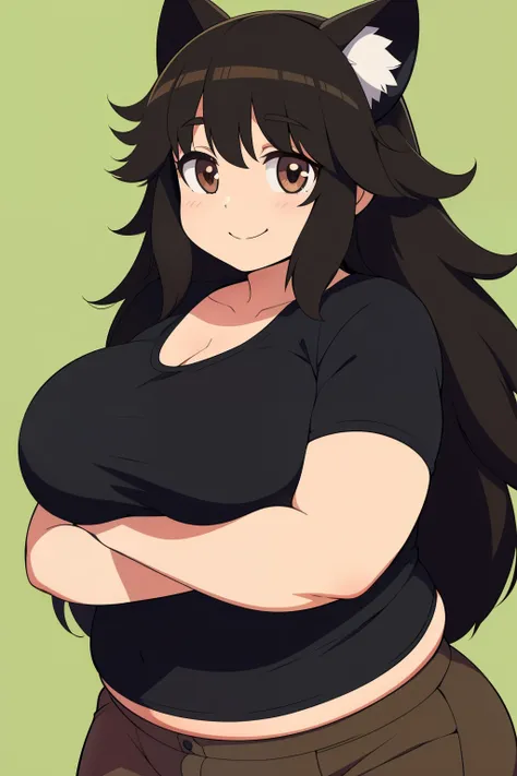 Chubby girl with big breasts, black hair, Brown Eyes, happy,  long, messy hair ,  smiling, Jinako Carigiri, Black dog ears