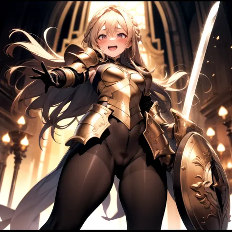 round ecstasy face, drooping eyes, shame smiling, blush),female fighter, (thick armor with gold border), shame, blush, small breasts, (dark pantyhose with pubic, clitoris), muscular thin thighs, (thick sword, huge shield), high boots, focus on her crotch, ...