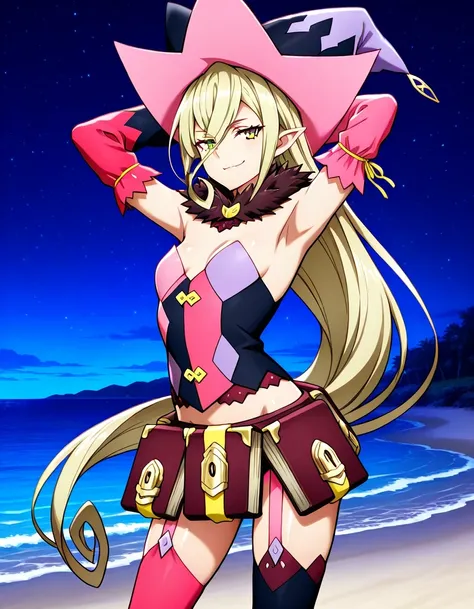 M4gil0u, green eyes, pointy ears, blonde hair, very long hair, hair between eyes, witch hat, fur collar, multicolored vest, strapless, detached sleeves, mismatched sleeves, book skirt, asymmetrical legwear, thighhighs, garter straps, anime screenshot, shin...
