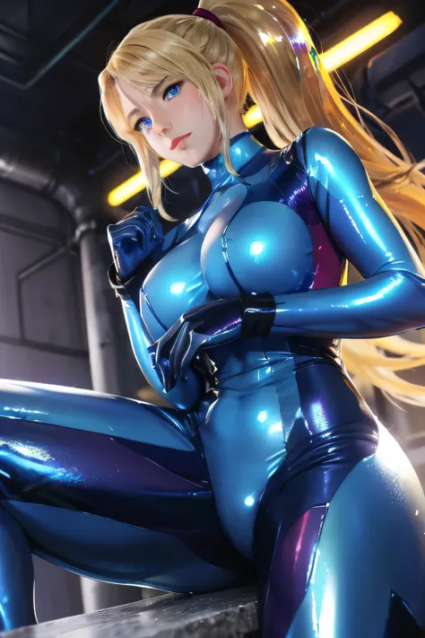 perfect anatomy　Highest quality,highest resolution,((( shiny blue bodysuit 　 blue eyes　Shiny Blonde　ponytail　shiny skin)))　Samus