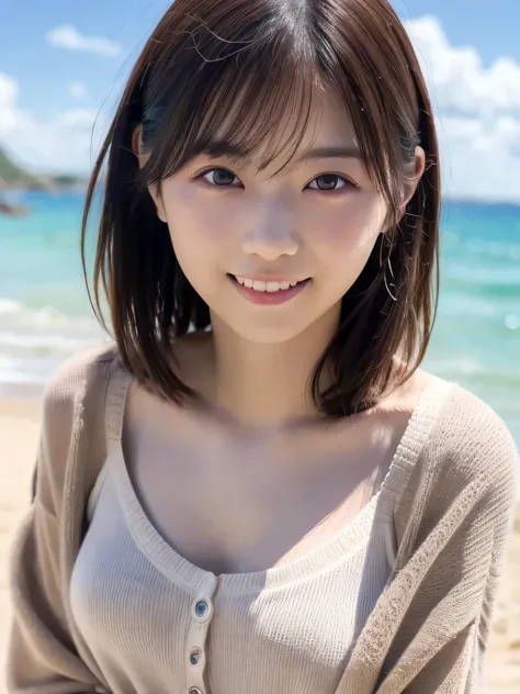  Greatest Masterpiece 、 Highest quality , super high definition、(１beautiful Japanese girl is standing on the edge of the waves)、 rainbow heterochromia、(I'm wearing a tight summer cardigan(Beige))、insanely cute、Big boobs、I can see you、I'm wearing a pink see...