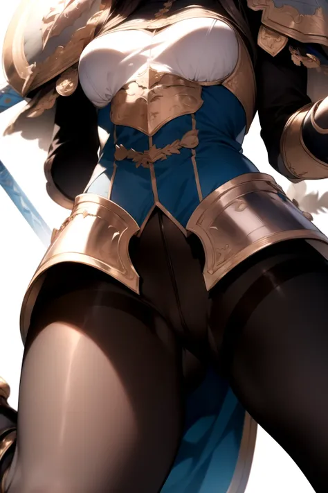 round ecstasy face, drooping eyes, shame smiling, blush),female fighter, thick armor with gold border, shame, blush, small breasts, (dark pantyhose with pubic and vagina), muscular thin thighs, (thick sword, huge shield), high boots, focus on her crotch, b...