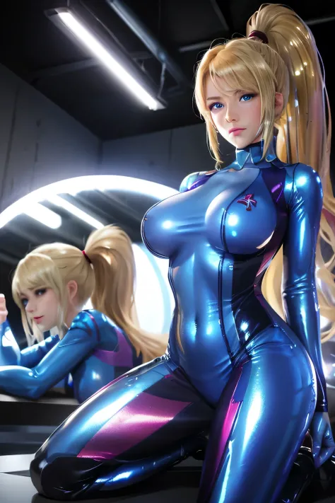 perfect anatomy　Highest quality,highest resolution,((( shiny blue bodysuit 　 blue eyes　Shiny Blonde　ponytail　shiny skin)))　Samus