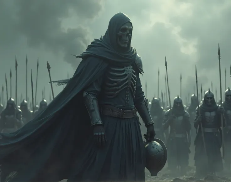 A knight with a smoky face like a skeleton so that his face is not visible and he has a long cloak that is roaring and in front of him stands an army of eleven kings. He is alone and facing him are many enemies, even eleven kings. His face is not completel...