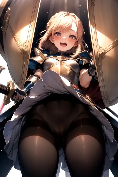 round ecstasy face, drooping eyes, shame smiling, blush),female fighter, thick armor with gold border, shame, blush, small breasts, (dark pantyhose with pubic and vagina), muscular thin thighs, (thick sword, huge shield), high boots, focus on her crotch, b...