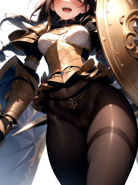 round ecstasy face, drooping eyes, shame smiling, blush),female fighter, thick armor with gold border, shame, blush, small breasts, (dark pantyhose with pubic and (vagina)), muscular thin thighs, (thick sword, huge shield), high boots, (showing off her cro...