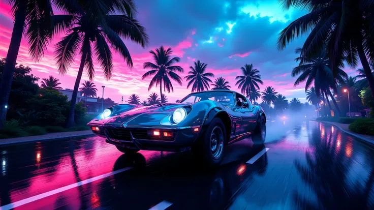 retrowave car palms