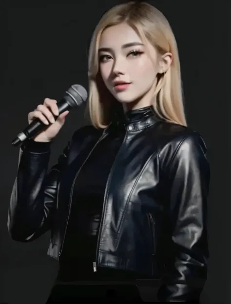 Woman in a black jacket with a microphone,  by Rozanne Park、black pink wearing a blue top and white skirt on stage ,  Subscribe as  ,  Kim Petras portrait,   flashlight and teddy bear  , portrait of   flashlight and teddy bear  , Korean idol, she wears lea...