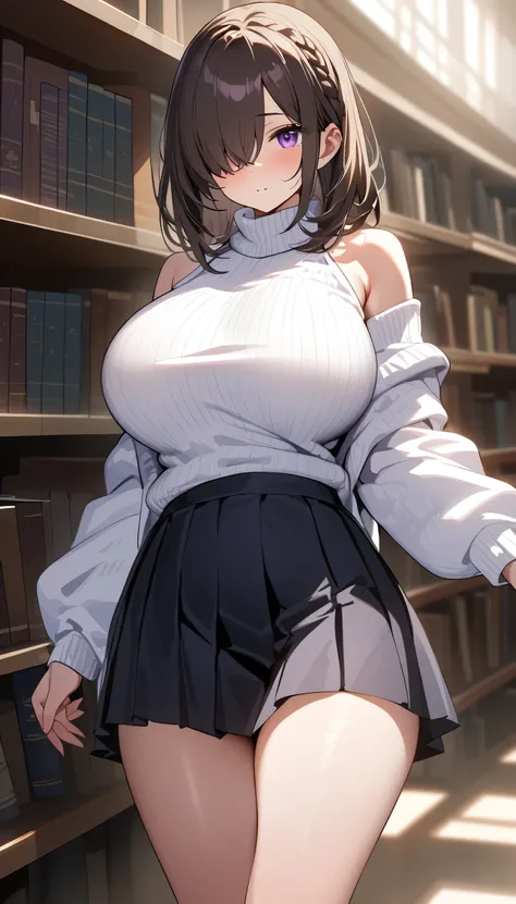 (masterpiece, Highest quality:1.2), (1girl), alone, ((medium hair)), ((dark brown hair)), (straight hair), ((hair over face)), (hair over one eye), (hair over right eye), (((white Sweater Low Shoulders))), (black pleated skirt), (purple eyes), (huge breast...