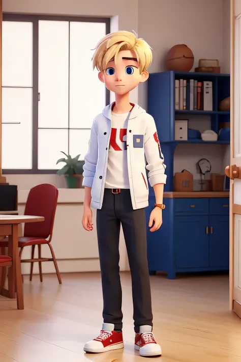 An 18-year-old Korean boy with blue eyes blonde hair white shirt black jacket over red pants red sneakers white black 18-year-old boy standing 