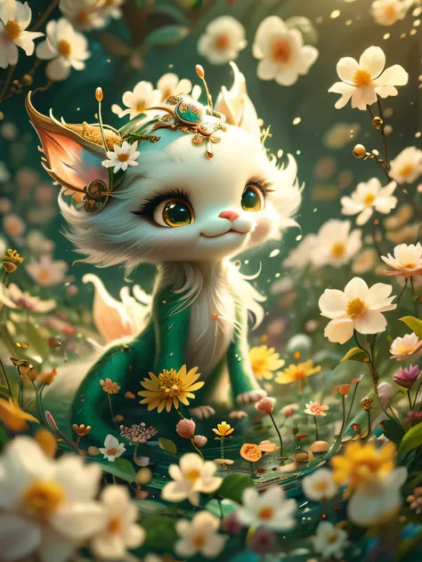 Mystical garden where white jasmine grows, best angle of a Very cute mythical graceful transparent anthropomorphic furry creature holds jasmine flower, thin arms, fragile thread legs, jasmine flower spirit, grainy, noisy, conceptual art, meaningful visual ...