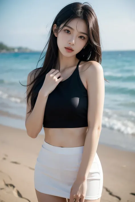 25-year-old Korean woman, sensual and delicate face, long black hair, medium body, medium height, medium chest, medium glutes, cropped top and mini skirt on the beach, realistic, cinematic photo.