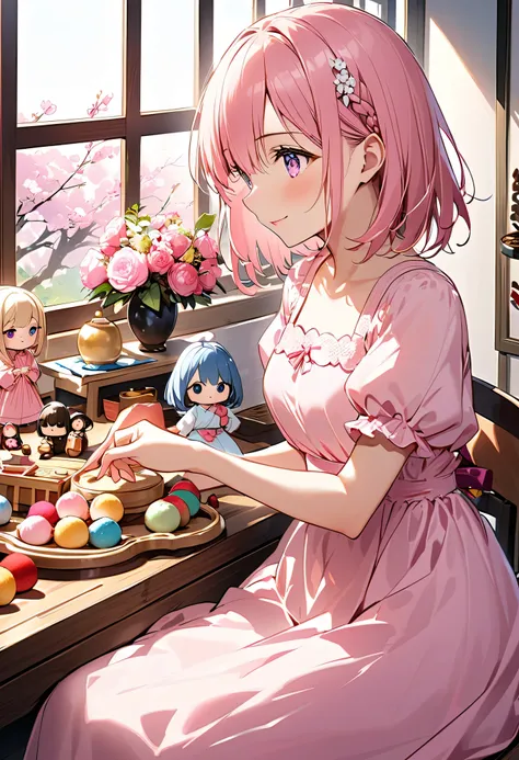 Highest quality、Hi-Res、(high image quality:1.4)、masterpiece、detailed background、highly detailed face、(detailed eyes:1.3)、age beauty、(Normal number of fingers:1.3)、anatomically correct、Bright-colored hair、 braided bob cut 、A moment of Hinamatsuri、A room whe...