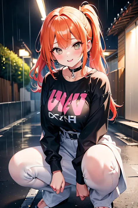 (3D Real Photo:1.3),Solo Girl,Back alley in heavy rain, Bad Girl Getting Drenched,earrings, Punk Rock Fashion, Punk Rock Shirt with Chain , Punk Rock Pants with Chains ,choker,(the whole body is soaked,Rain dripping from my face,wet face, Get Your Hair Wet...