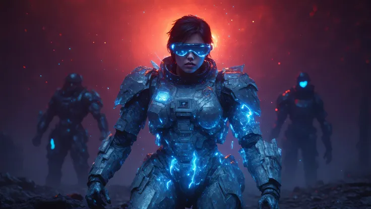 Wide shot, black stone plain, swirling red mist, glowing blue rift in center. Female warrior (5’7”, short brown hair, silver armored spacesuit with commander patch) holds plasma gun. Male warrior (5’11”, black hair, scarred hands, silver armored spacesuit)...