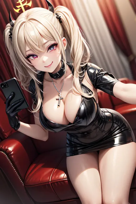 evil smile, under , bratty girl, shiny latex, satanic, gloves, holding a smart_phone, looking at viewer, blonde hair, inverted cross necklace, highlighted eyes with eyeliner, false eyelashes, soft shadows, light makeup, blushed