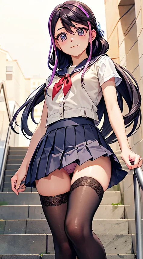 ((Highest quality, Hi-Res, , pixel perfect, 4K,))),full body visible、((realistic eyes)),  Dynamic Angle, perfect body, (( , ,  High School Girl Uniform、sailor suit、white shirt、pleated skirt with index finger、 、black stockings、 Pink Lace Panties 、)), On the...