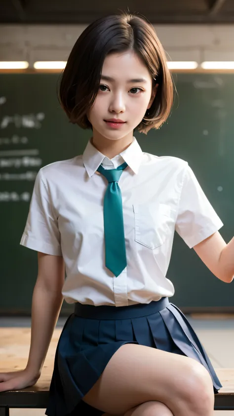 (masterpiece, Best Quality:1.2), 8k, 18 years old, 85 mm, Official Art, RAW Photos, Absurd, white dress shirt, cute face , close, upper body, Violet, Gardenias, beautiful girl, school uniform, ( navy pleated skirt:1.1), Cinch West, thighs thighs th...
