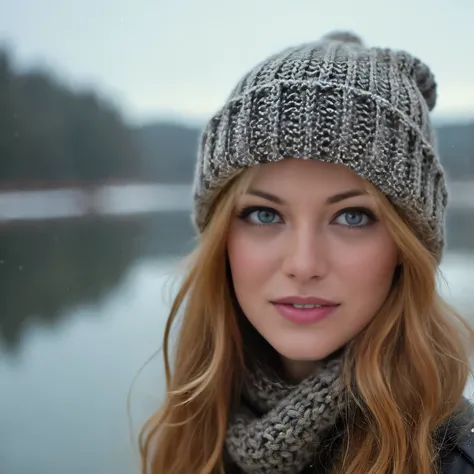 arafed woman wearing a hat and scarf standing in front of a lake, wearing beanie, attractive girl, wearing a beanie, beautiful nordic woman, perfect face ), beautiful model, good looking face, attractive and beautiful, cold but beautiful, with black beanie...