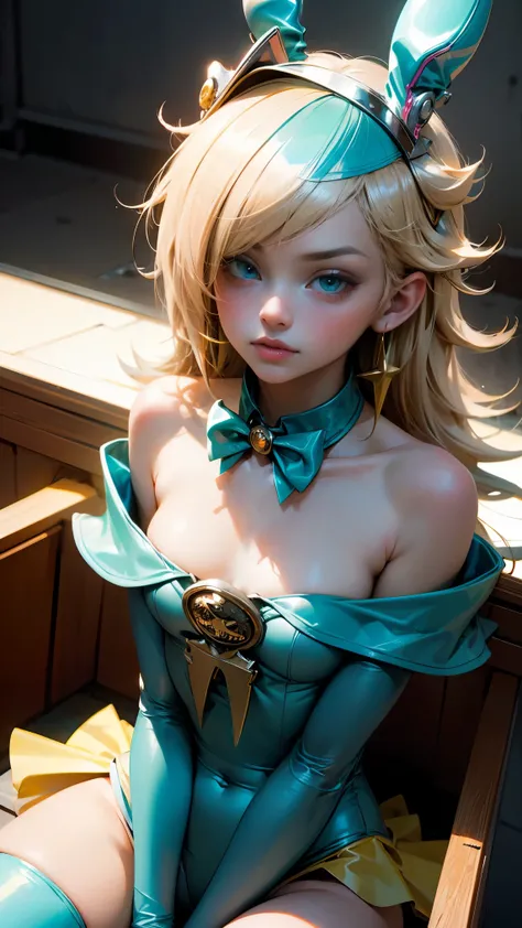 masterpiece, best quality, extremely detailed CG unity 8k wallpaper, (Upper Body head close-up shot of a beautiful ), Wendy, Elegant Long straight blonde hair, ((Mckenna Grace)), (((flat chest))), ((pink-Cyan)) golden ((Glittering tutu,long Bunny Ear Headg...